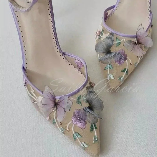 Butterfly High Heel Pumps Women Purple Mesh Pointed Toe Stiletto Heel Garden Party Shoes Ladies Wedding Shoes