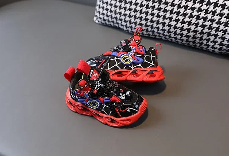 Disney Children's Sneakers Boys Cartoon Spiderman Led Light Sport Shoes Student Shoes Hook Anti-slip Kids Outdoor Shoes