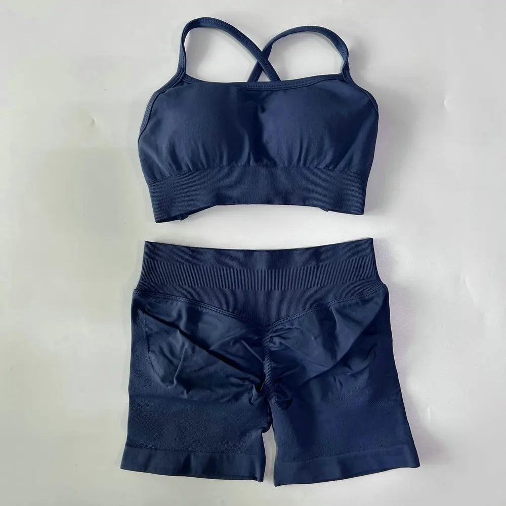 No Logo Women 2 Pieces Yoga Set Cross Straps Bra Beautiful Back Tops High Waist Sport Short Scrunch Bum Workout Short Gym Suit