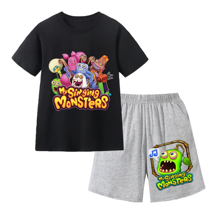 Summer Kids Cartoon Print Sport Clothing Suit Monsters Boys Casual Outfits Children Breathable T Shirt Pocket Shorts 2 Piece Set