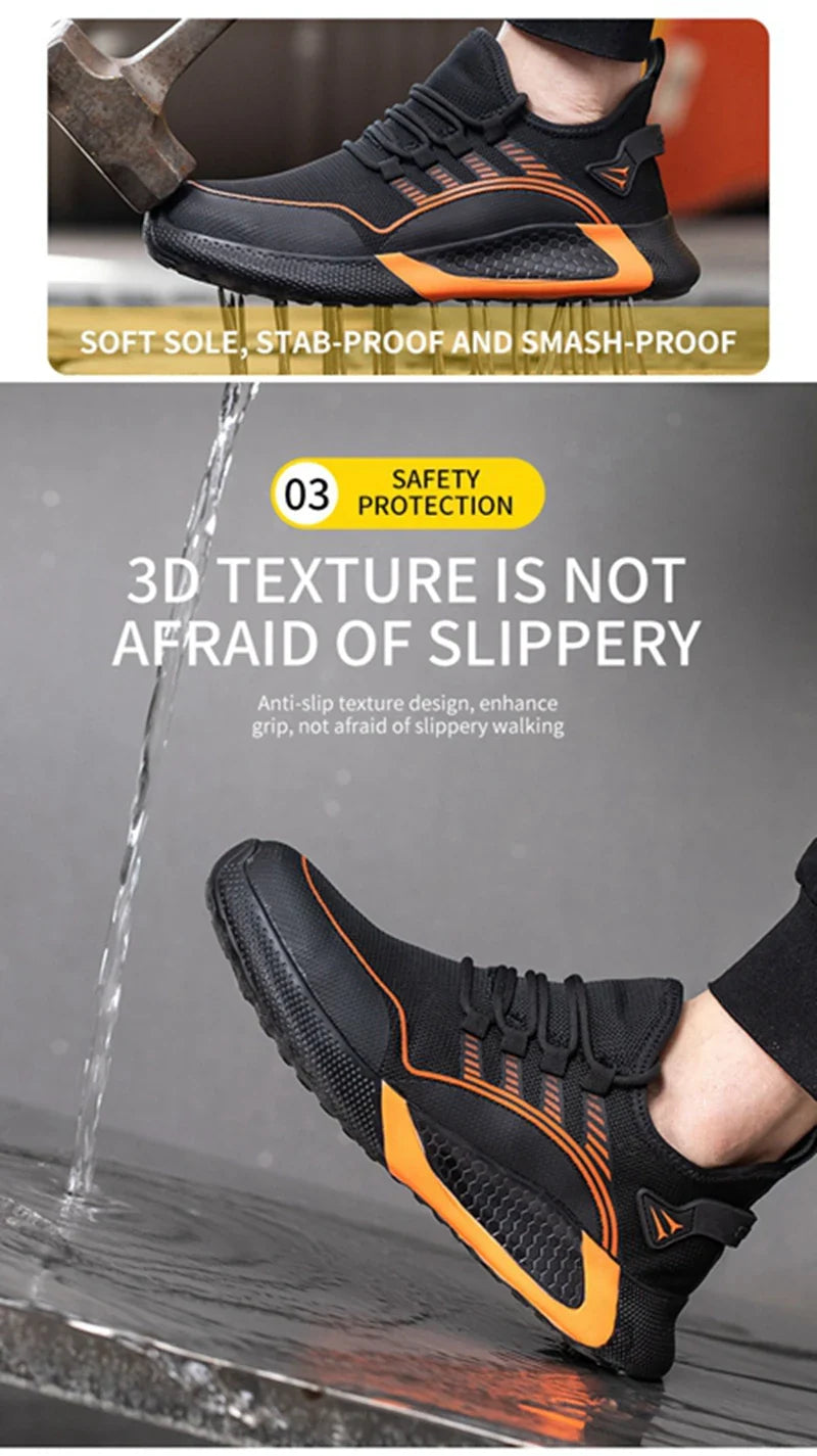 Men's Safety Shoes Anti- Crush Steel Toe Puncture Resistant Kevlar Lightweight Breathable Upper Slip-On Work Shoes