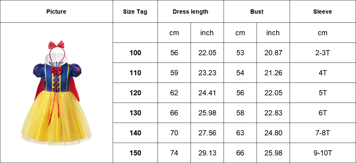 2026 Purim Snow White Dress Costume for Girls Childrens Carnival Christmas Party Princess Kids Birthday Clothes With Cloak Wig