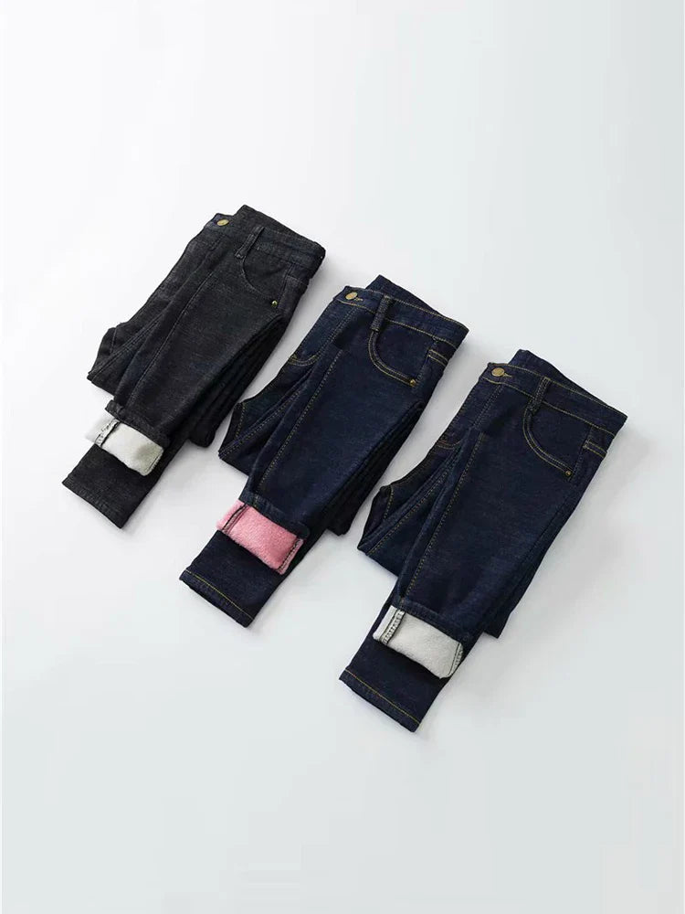 Women's Thick Velvet Jeans, Stretch High Waist Pencil Pants