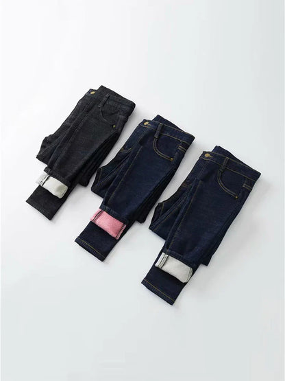 Women's Thick Velvet Jeans, Stretch High Waist Pencil Pants