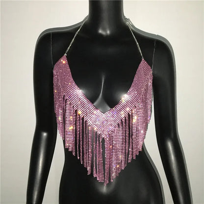Bling Rhinestones Tassel Party Crop Top Woman Fashion Halter Neck Backless Design Full Diamond Sequins Nightclub Clubwear