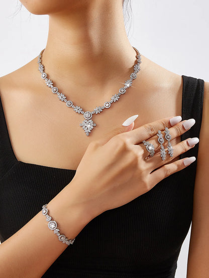 Luxury Cubic Zirconia Necklace Bracelet Earrings And Ring 4pcs Dubai Full Jewelry Set For Women