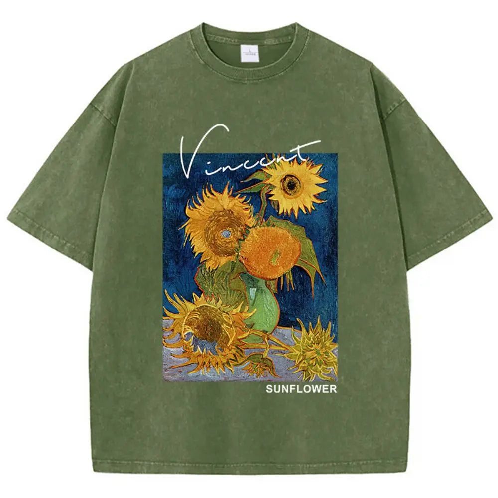 Camisetas Femininas Casuais de Algodão Lavado Estampa Girassol Van Gogh Manga Curta Gola Redonda Blusas Respiráveis Macias Roupa Feminina da Moda