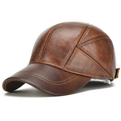 Casual Real Leather Earflap Cap Men's Real Cowhide Leather Caps Male Fall Winter Genuine Real Cow Leather Baseball Hats