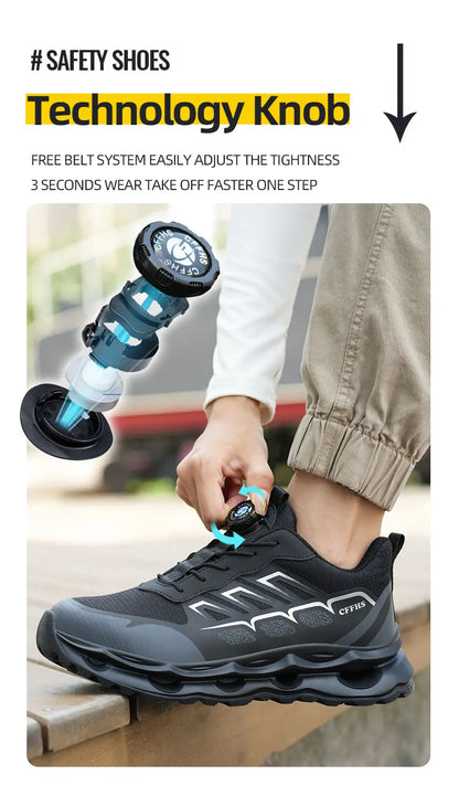 Shock Absorbing Safety Shoes for Men Steel Toe Lightweight Work Boots for Factory & Warehouse Rotary Button Indestructible Shoes