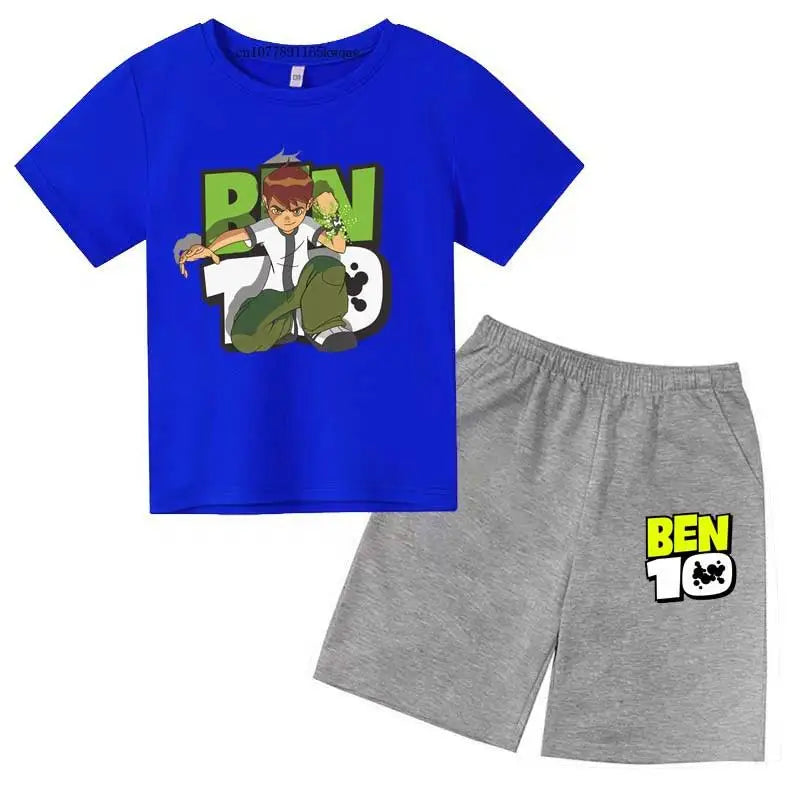 Kids Cartoon Ben Tennyson 10 Print Summer 2pcs Breathable Tees+Shorts Sports Suits 2-13Years Boys Girls Outfits Children Clothes