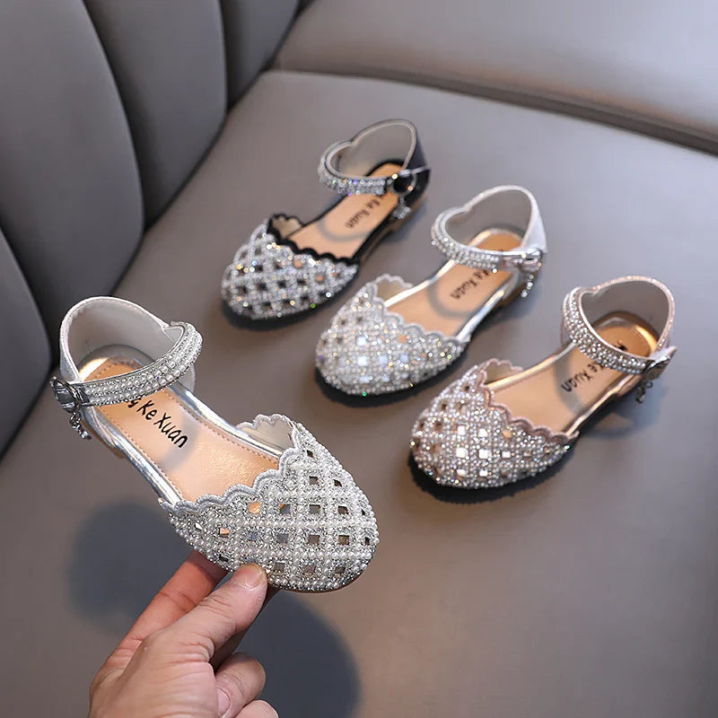 Summer Girl's Sandals Sliver Pink Diamante Luxury Hollow-out Kids Sliders Hook-loop Round Toe Glitter Stylish Children Shoe26-36