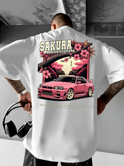 Men's Japanese Racing Graphic T-Shirt Sakura Motorsport Tee Cherry Blossoms Loose Fit Back Print Shirt Drift Events Streetwear
