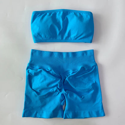 2 Pieces Yoga Set Women Backless Bandeau Sports Bra Scrunch Shorts Yoga Clothing Workout Clothes Outfits Sets Gym Set