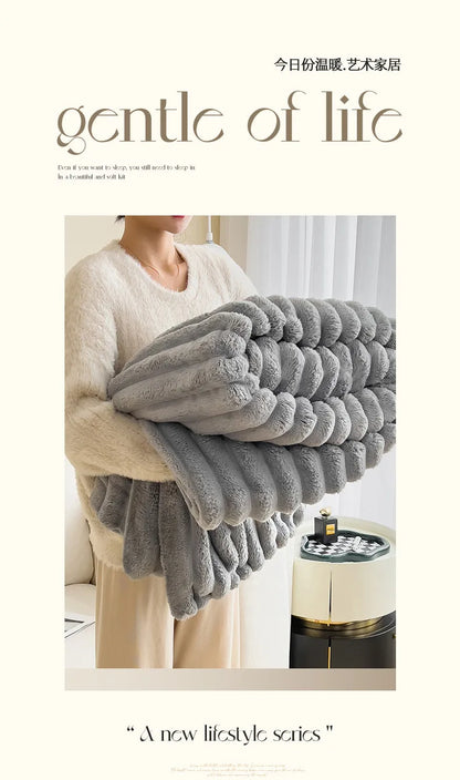 2025 New Rabbit Plush Blanket Draw Stripe Thickened Flannel Blanket Shawl Coral Fleece Sofa Blanket, without Pillowcase