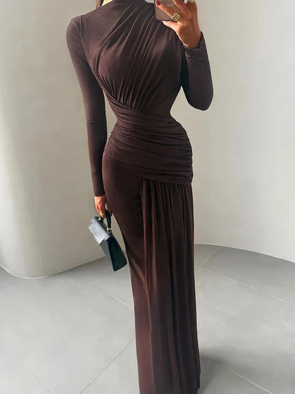 Maxi Dress Women o-Neck Full Sleeve Solid Banquet Elegant Vacation Fashion Autumn Skinny Casual Simple Vestido