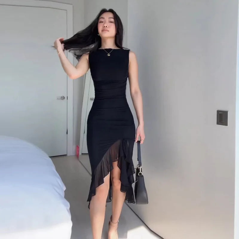 Women Maxi Dress Summer Elegant Solid Sleeveless Nipped Waist Slim Backless Ruffled Irregular Party Dresses Streetwear