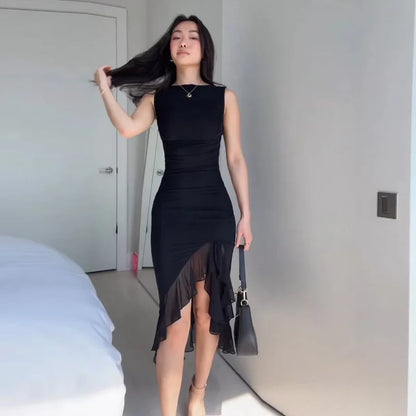 Women Maxi Dress Summer Elegant Solid Sleeveless Nipped Waist Slim Backless Ruffled Irregular Party Dresses Streetwear
