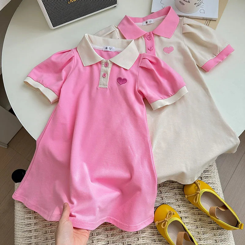 2026 Summer Stylish Girls' Polo Shirt Dresses 1-7Y Trendy Embroidered Heart Lapel Dress for Kid's Children's Clothing Outfit