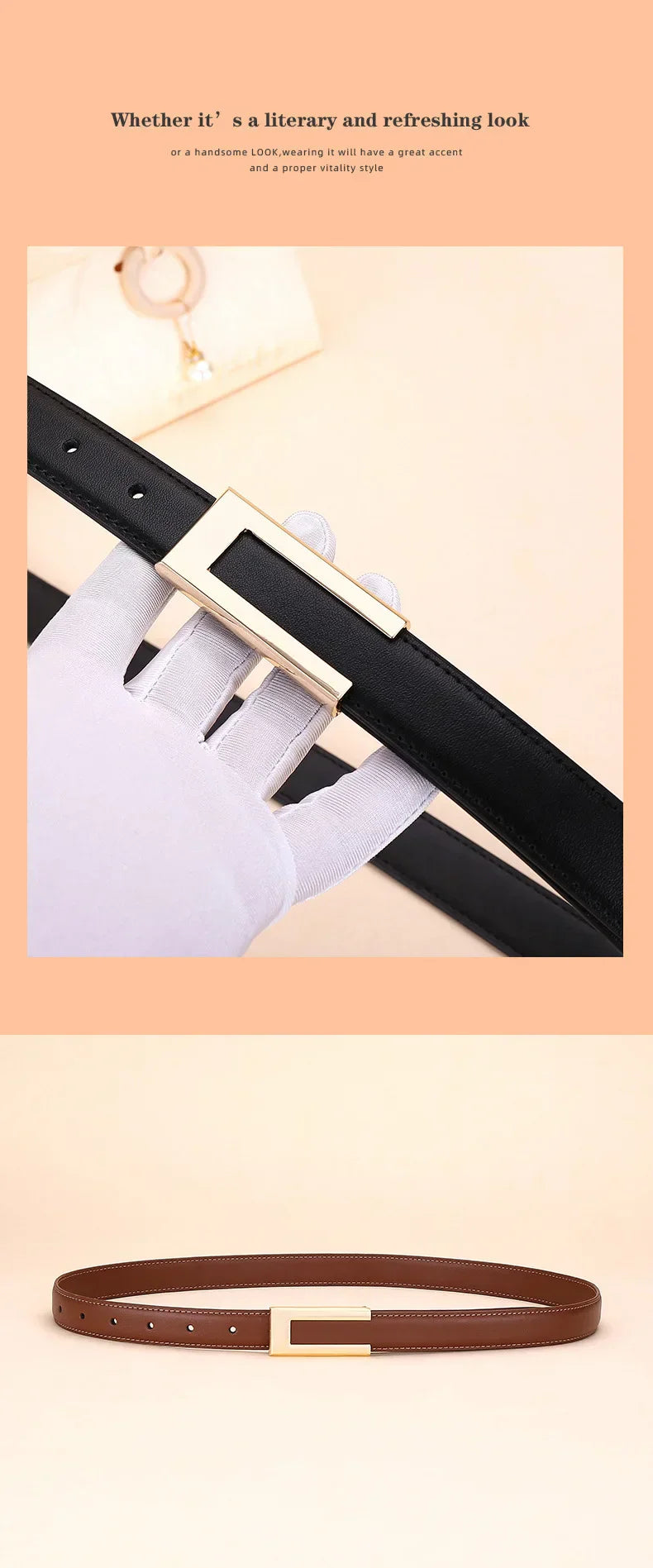 Genuine leather belt for women; cowhide fashion waist belt; versatile smooth buckle; 2025 dress decoration belt for