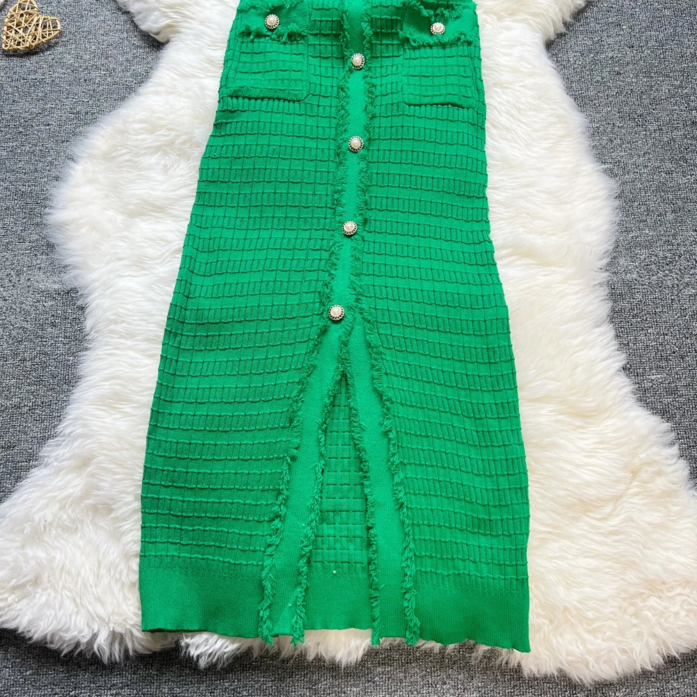 Fashion Sexy Package Hips Knitted Dress Women V-neck Single-breasted Bodycon Sweater Dress Office Lady Vestidos