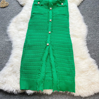 Fashion Sexy Package Hips Knitted Dress Women V-neck Single-breasted Bodycon Sweater Dress Office Lady Vestidos