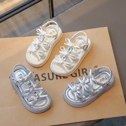 Summer Kids Fashion Hollow-out Roman Sandals Student Water Diamond Bow Sandals Sweet Bowknot Comfortable Elegant Girls Shoes