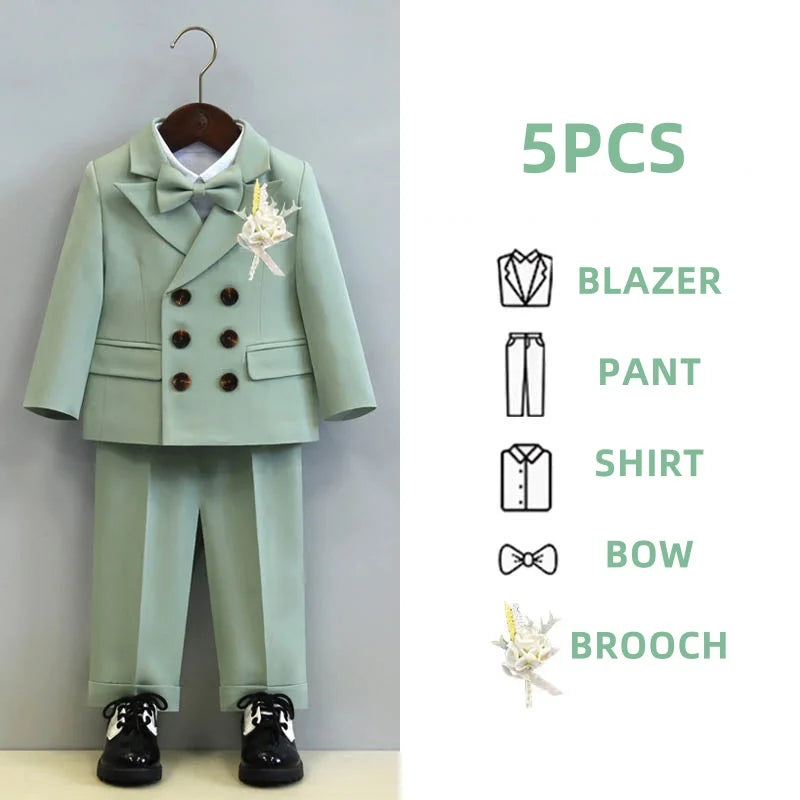 Children's Boys Autumn Formal Green Suit Boys Wedding Suit Children 1 To 14yrs Kids Blazer Pant Bowtie Flower Boys Suits Outfits