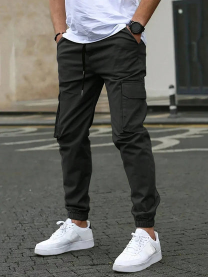 Men's Slim Fit Elastic Waist Cargo Pants Multi-Pockets Cuffed Hem Comfortable for Casual Outdoor Wear