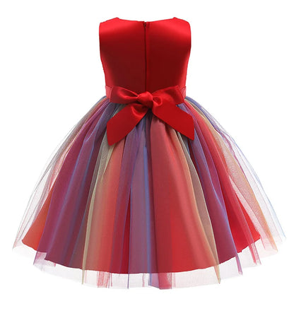 Vestido de princesa flor de lantejoulas para meninas 3-12 anos vestido de laço elegante colorido de renda de malha carnaval festa de aniversário apresentação