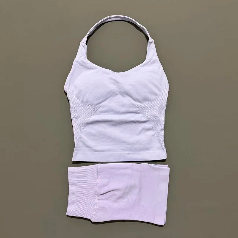 Women Seamless Gym Set 2Pcs Halter Neck Sports Crop Top High Waist Scrunch Butt Shorts Workout Fitness Yoga Tracksuit Sportswear