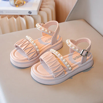 Girls Sandals Kids Summer Shoes Children's Beach Sandals with Pearls Princess Sweet Anti-slippery Open Toes Lace Chic Beading