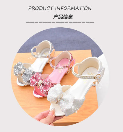 Children's Sandals Summer Princess Crystal Shoes 2024 New Girls High Heels Fashion Sequins Girls Soft Bottom Performance Shoes