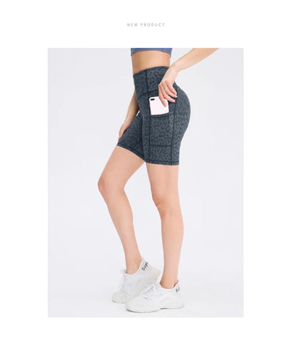 Women's printed nude yoga shorts with pockets skin-friendly tight stretch quick-drying sports fitness hiking running shorts