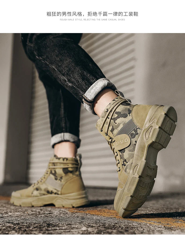 Men's canvas boots autumn winter new plus velvet high-top warm casual boots outdoor boots camouflage tooling boots desert boots