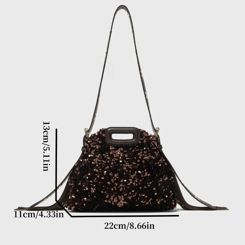 Glitter Sequined Handbag for Women, Luxury Designer Shoulder Bag with Tassel, Fashion Crossbody Bucket Bag for Ladies Elegant