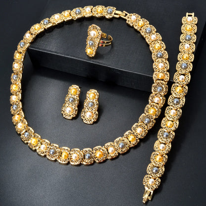 Conjunto de joias de luxo Dubai para mulheres, moderno, colar de pérolas, pulseira, anel, brincos, conjunto de joias banhadas a ouro 18k