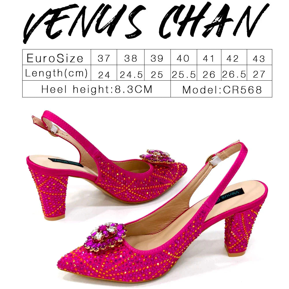INS Style Green Party Shoe and Bag Set in Women Pointed-Toe Rhinestone High Heels Elegant African Ladies Shoes