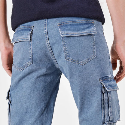 Men's Jeans Street Style Waist Denim Cargo Pants Solid Color Washed Slim Fit Casual Jeans with Multiple Pockets for Daily Wear