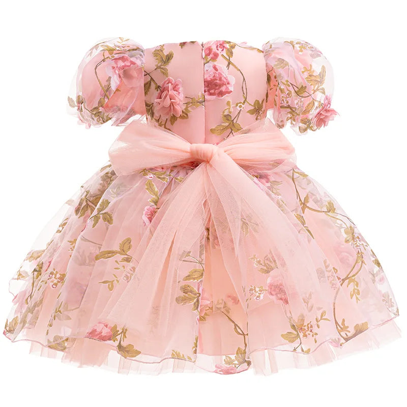Girls 3D Rose Bubble Sleeves Princess Dress New Children's Fashion Lace Dress Carnival Birthday Party Performance Clothing