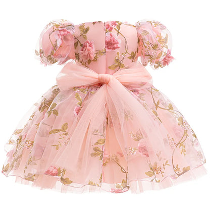 Girls 3D Rose Bubble Sleeves Princess Dress New Children's Fashion Lace Dress Carnival Birthday Party Performance Clothing