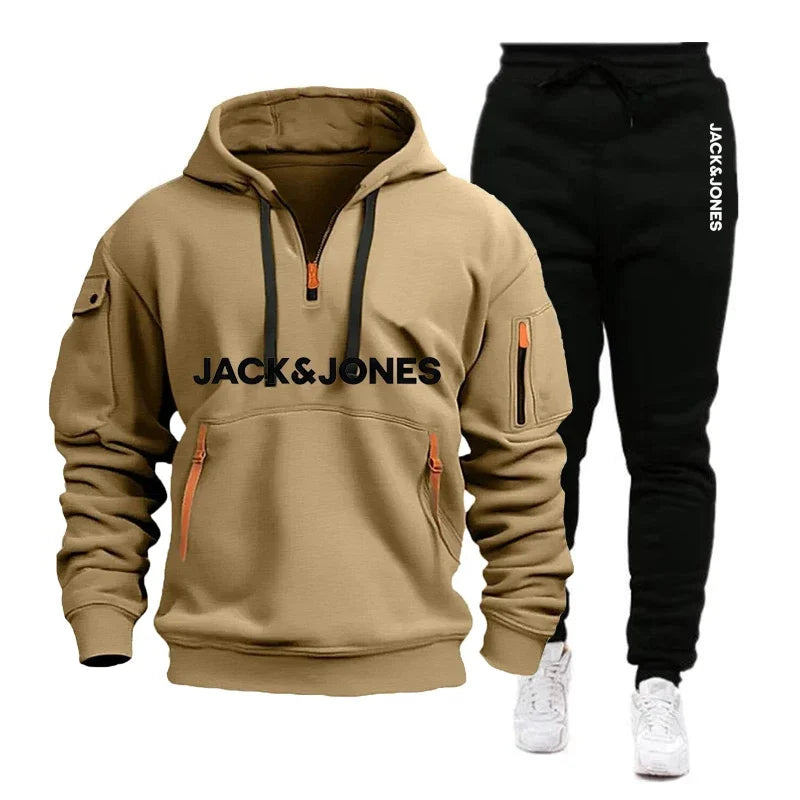 Two sets of men's sportswear for autumn/Winter 2025, including a sweatshirt and two sets of fitness jogging pants with wool caps