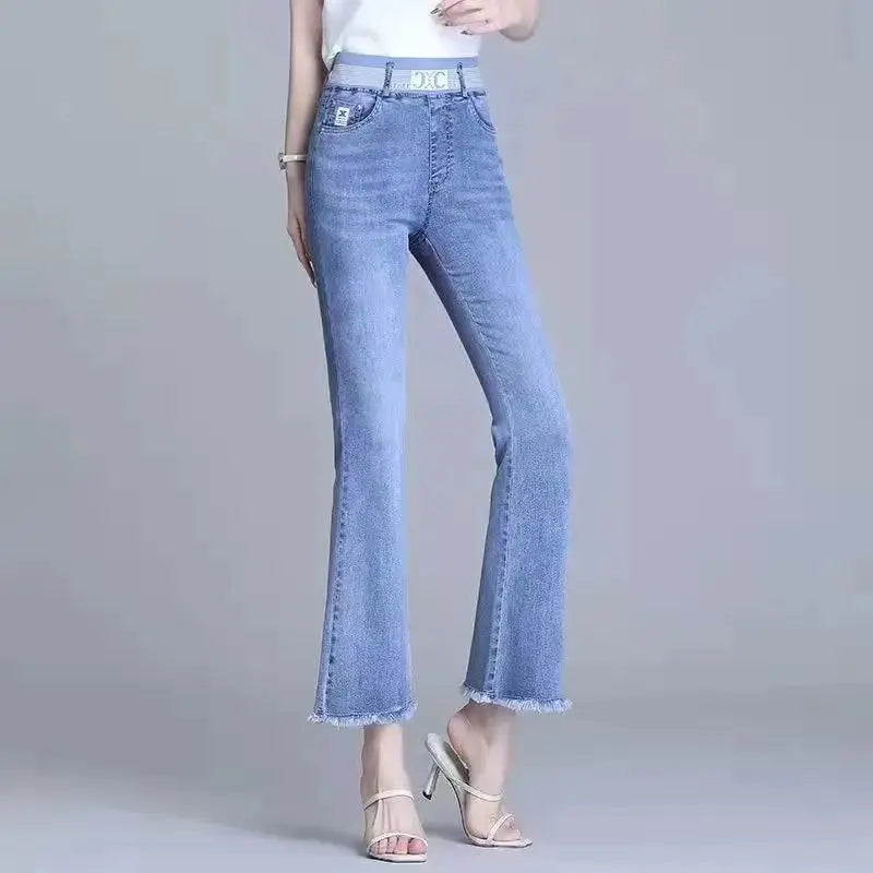 Elastic Waist Flare Nine Points Boot Cut Women Clothing Jeans