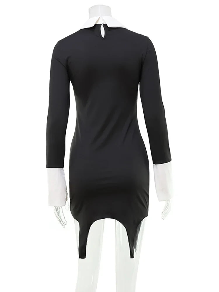 Turn-down Collar Solid Patchwork Long Sleeve Women Dresses Hip Wrap Fashion Sheath Outfits Female Sexy Club Bodycon Robe