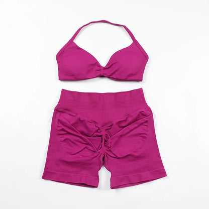 Scrunch Seamless Yoga Set Women Sportswear Ribbed Gym Shorts Strappy Sports Bra 2 Piece Set Halter Workout Clothes Fitness Suit