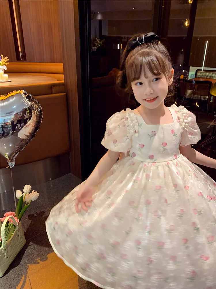 2024 Summer New Girls Princess Dress Full Print Flowers Puff Sleeve Bow Mesh DresseTutu Birthday Party Gown For 2-12 Years Kids