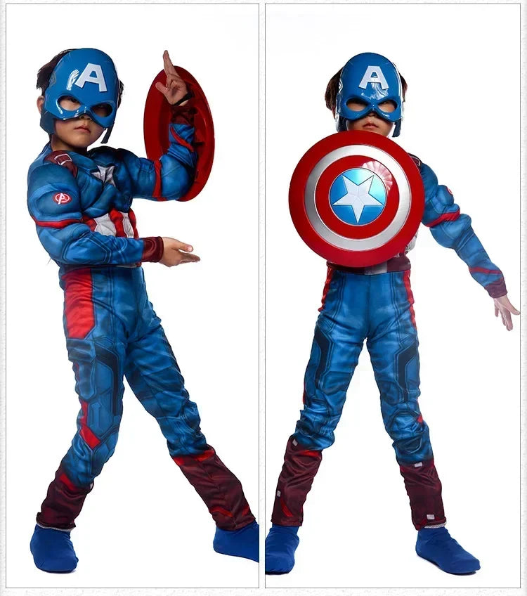 Halloween Purim Boys Captain Rogers Costume Blue Superhero Muscle America Jumpsuit Fantasia Fancy Dress Outfit