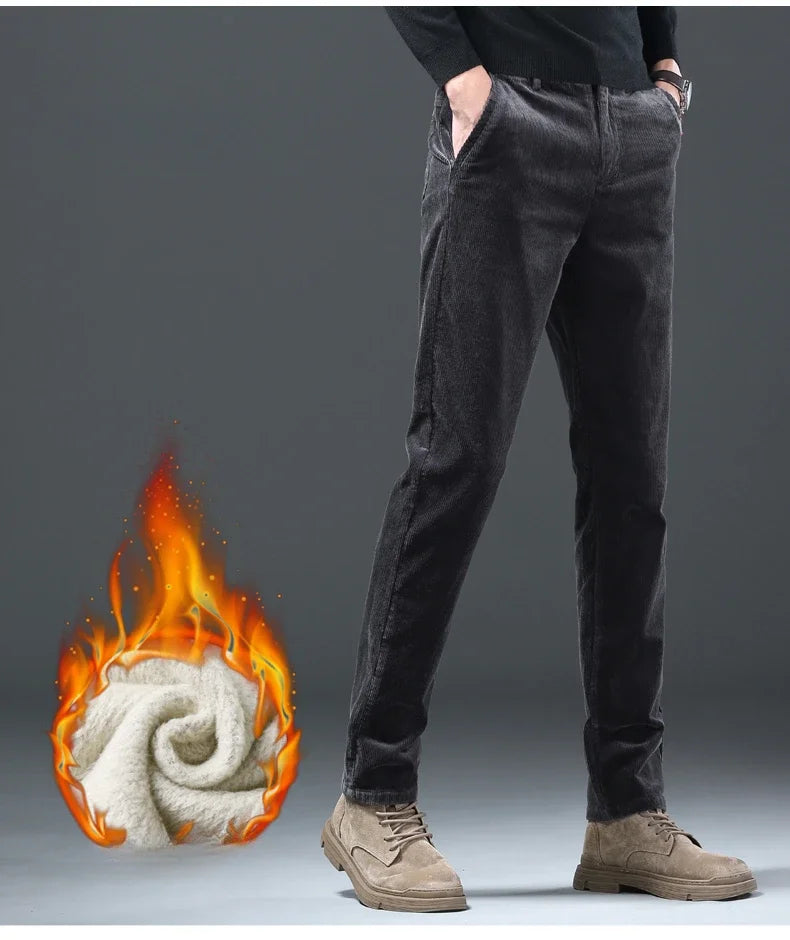 Fleece Winter Brand Men Clothing Corduroy Pants Warm Business Slim Velvet Korean Casual Trousers Male Plush Pants