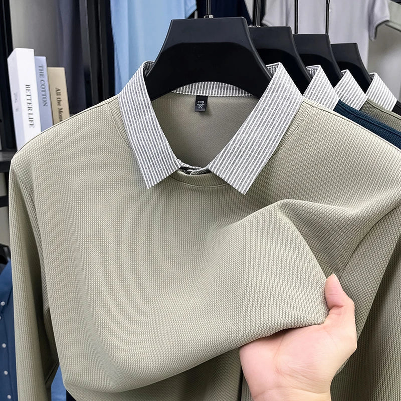 High End Brand Men's Striped Lapel Fake Two Piece Polo Shirt Designer Autumn Winter Fashion Business Simple Versatile Men's Wear