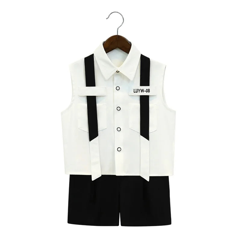 Boys British Sleeveless Shirt Shorts Formal Dress Kids Summer Solid Color Blazer Clothes Sets Children Tuxedo Toddler Costumes