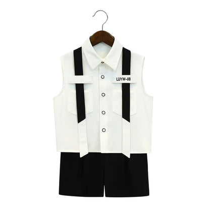 Boys British Sleeveless Shirt Shorts Formal Dress Kids Summer Solid Color Blazer Clothes Sets Children Tuxedo Toddler Costumes